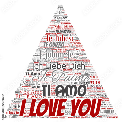Vector conceptual sweet romantic I love you multilingual message triangle arrow word cloud isolated background. Collage of valentine day, romance affection,  happy emotion or passion lovely concept
