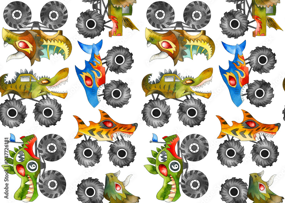 Scary animal monster trucks seamless vector pattern on white background. Scary animal monster trucks seamless vector pattern on white background.