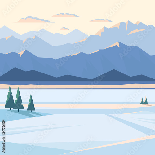 Winter mountain landscape with snow and illuminated mountain peaks, river, fir tree, plain, sunset, rising. Vector flat illustration. 