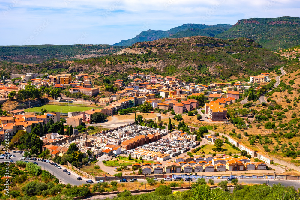 Sardinia, Italy - Panoramic view of the town of Bosa and surrounding hills seen from Malaspina Castle hill - known also as Castle of Serravalle