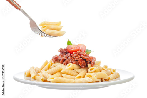 Fresh and delicious spagetti bolognese on white background