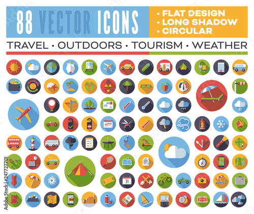 Set of 88 flat design long shadow round vector icons for web, print, apps, interface design: travel, outdoors, tourism, weather. 