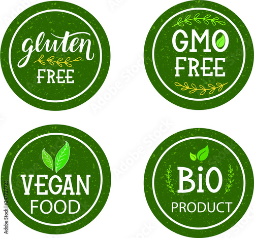 Bio product, vegan food, gluten free,GMO free icons collection for food market, eCommerce, organic products promotion, healthy life style and premium quality food and drink.