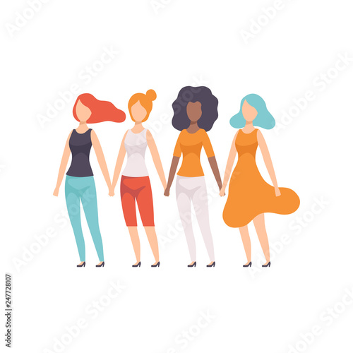 Girls of Different Nationalities Holding Hands, Young Women Advocating for Gender Equality, Freedom, Civil Rights, Independence Vector Illustration