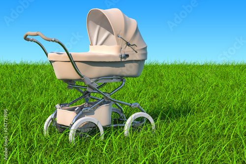 Baby carriage, pram on the green grass against blue sky, 3D rendering
