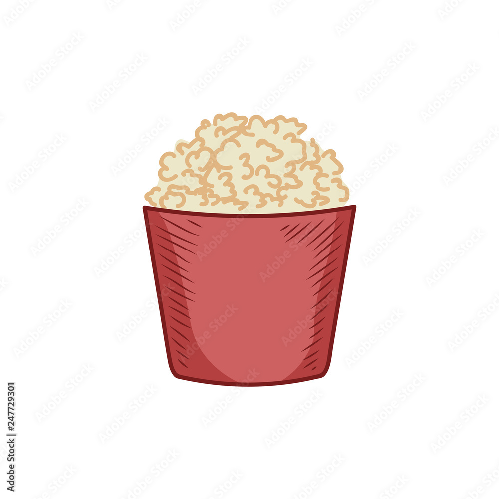 Vector design of popcorn pack isolated on white. Doodle hand drawn color illustration Vector design of popcorn pack isolated on white. Doodle hand drawn color illustration