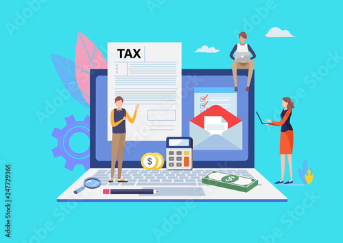Online Tax payment. Filling tax form. Business concept. People vector illustration. Flat cartoon character graphic design. Landing page template,banner,flyer,poster,web page