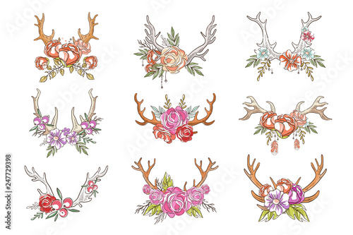 Deer horns with flowers and plants set, hand drawn floral composition with antlers vector Illustrations on a white background