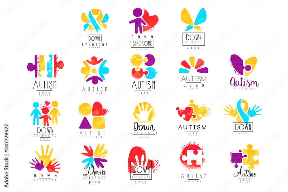 Vector set of multicolored logo for Autism Awareness Day. Design for