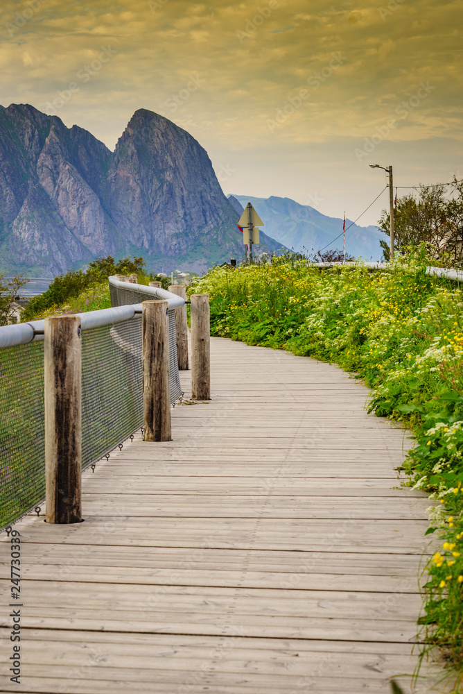 Walkway in norwegian Reine village, Lofoten Norway Walkway in norwegian Reine village, Lofoten Norway