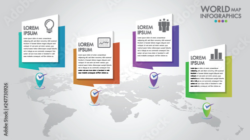 World map business infographics 4 options vector illustration and design template with pointer marks.Can be used for communication connect, workflow layout, banner, diagram, number, step up options.