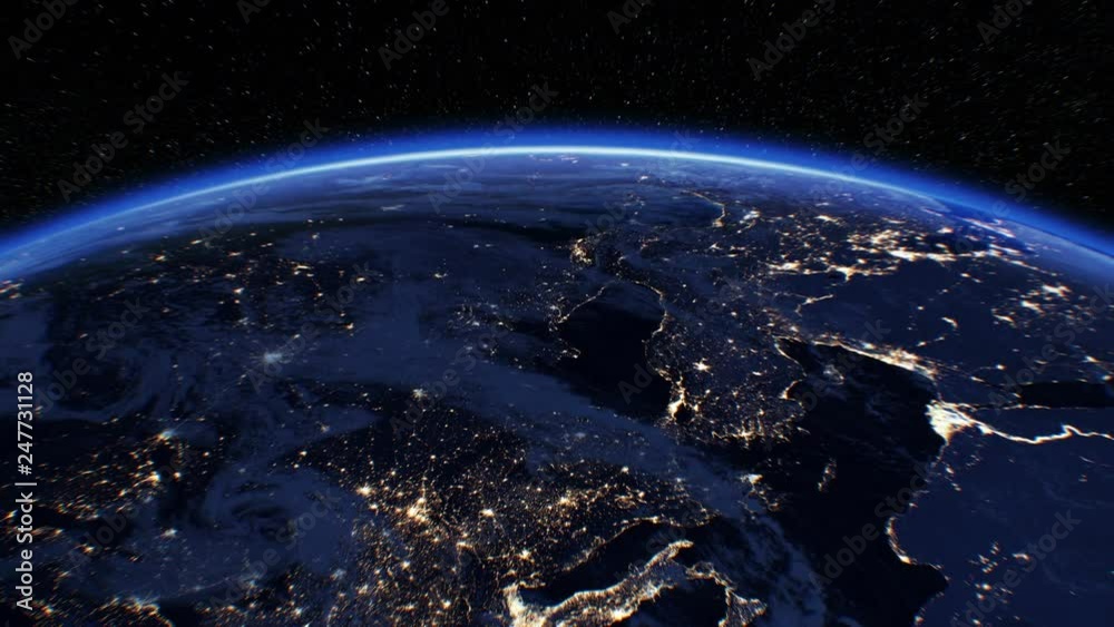 Beautiful Sunrise over the Earth. View from Space Satellite. Cities at Night. Changing from Night to Day 3d Animation Rising Shining Sun. Modern Business and Technology Concept. 4k Ultra HD 3840x2160.