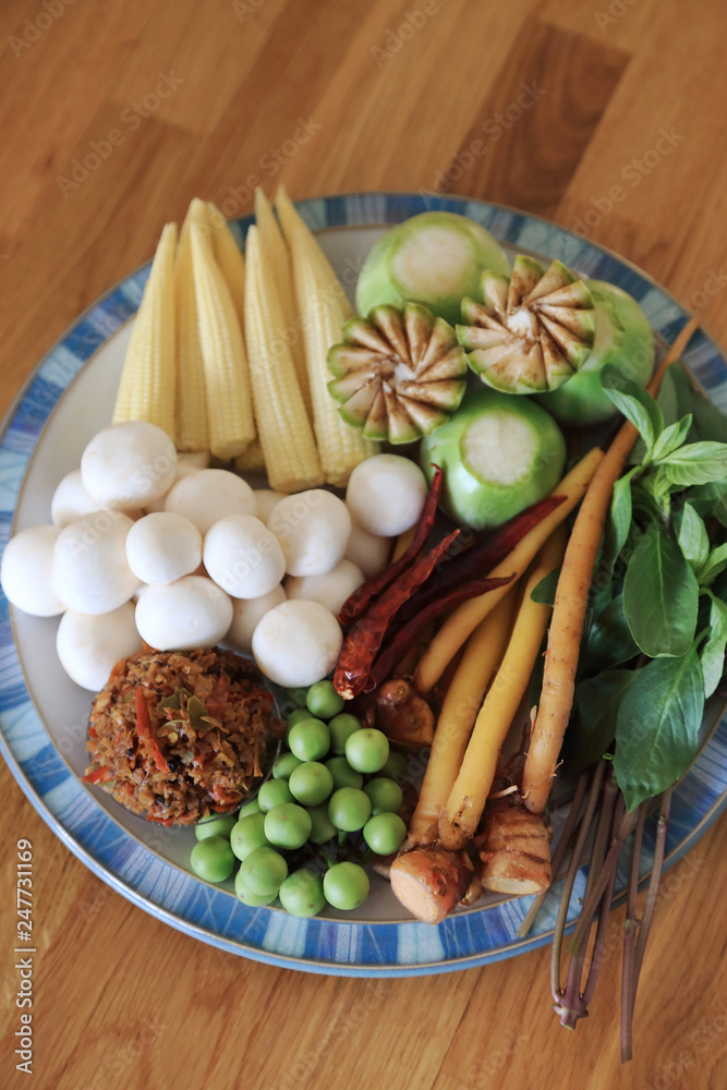 Raw ingredients with many kinds of herbs for vegetarian hot and spicy curry or jungle curry. Thai healthy recipe. Raw ingredients with many kinds of herbs for vegetarian hot and spicy curry or jungle curry. Thai healthy recipe.