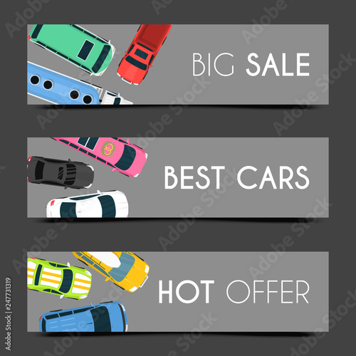 Exclusive car care set of banners vector illustration. Car service. Transportation services in good conditions on expensive vehicles. Hot offer. Renting or selling best cars.