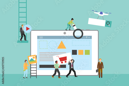 Constucting site on tablet vector illustration. Web site constructor banner, poster, brochure. People holding different signs and making Internet page. Quadrocopter flying with search icon.