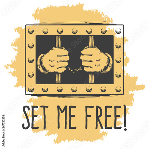 Hands in Cuffs Holds Prison Bars Emblem