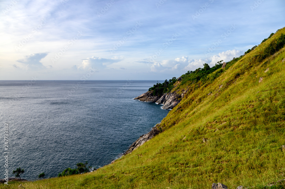 Green hill with horizon sea on coastline at Krating cape