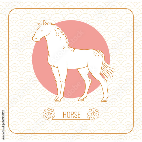 Year horse Chinese horoscope vector line art and pattern on white background.