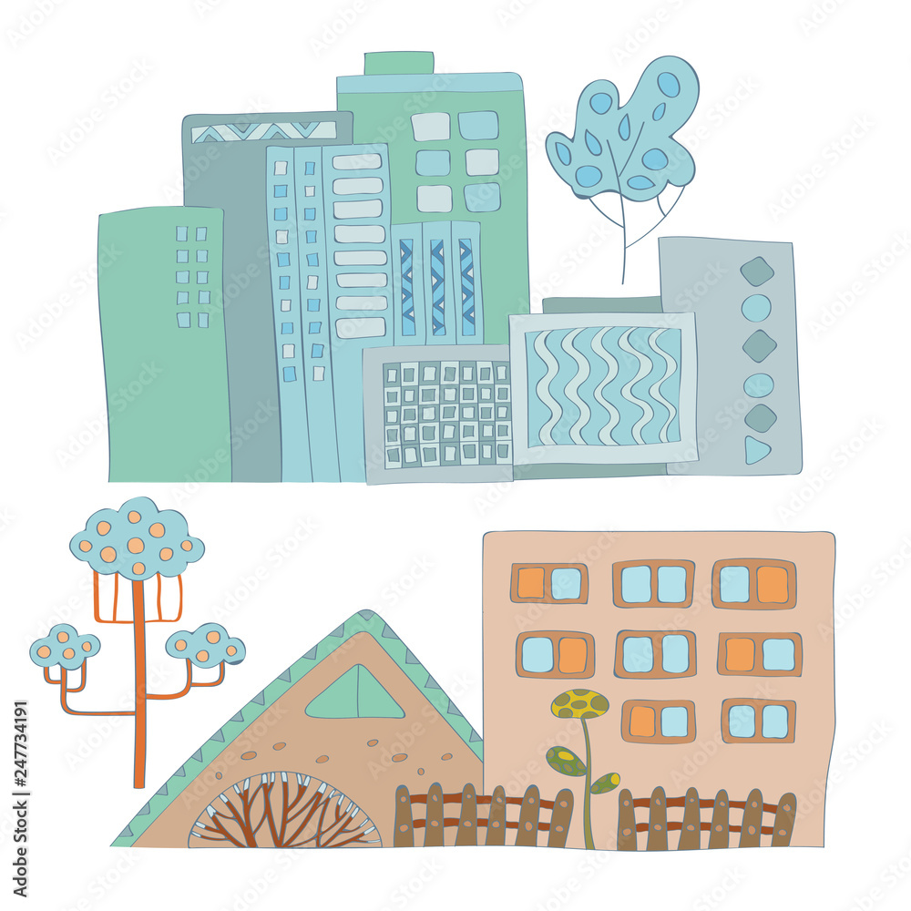 Set of cartoon town templates with colorful houses vector images