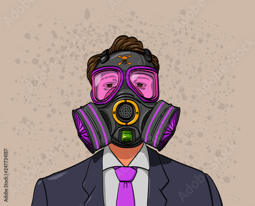 A man wearing a gas mask to resist bad air City Building and dust vector illustration