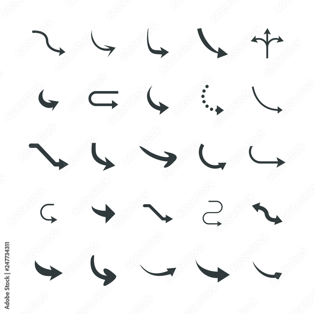 Isolated vector hand drawn arrows set on a white background. Curve arrow icons. vector Isolated vector hand drawn arrows set on a white background. Curve arrow icons. vector