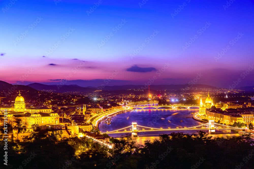 Budapest Panorama with parliament and bridges during blue hour sunset. View from Citadel Budapest Panorama with parliament and bridges during blue hour sunset. View from Citadel