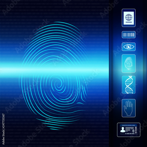 Biometric electronic system for identification of individual identity. Fingerprint scan. Icons Id-eye-barcode-dna-passport
