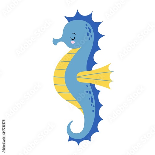 Cute cartoon blue Sea horse isolated. Seahorse on a white background, vector illustration.