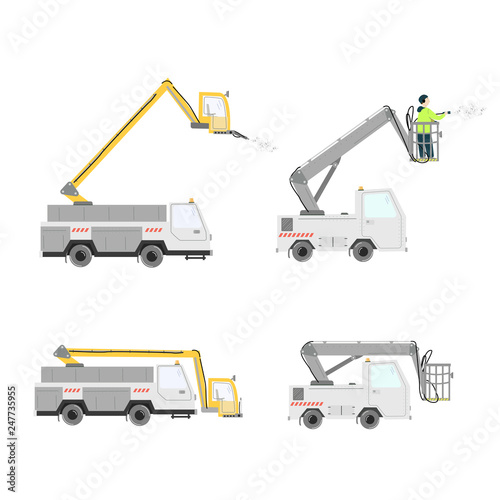 Set of aircraft deicer trucks. Vector illustration