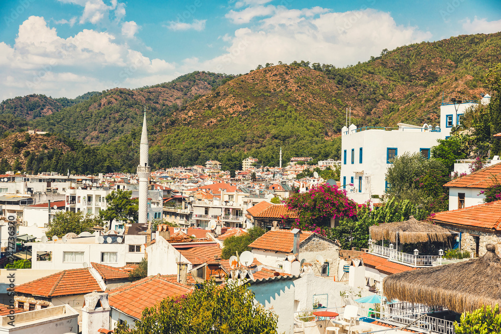 Panoramic view of old street around Castle in Marmaris Town. Marmaris is popular tourist destination in Turkey. Residential area of Marmaris, not far from the castle