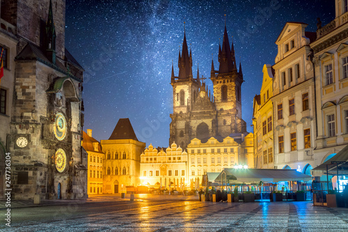 Old Town Square at night in Prague with stars sky