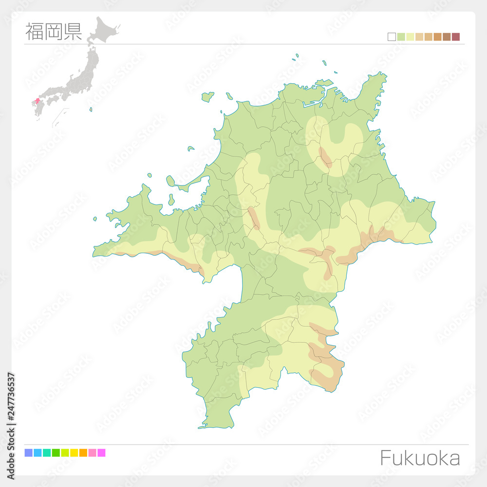 福岡県の地図（等高線・色分け）