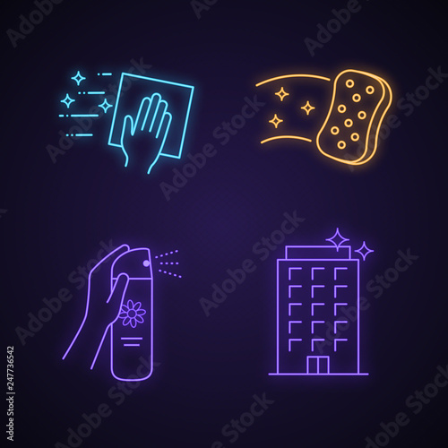 Cleaning service neon light icons set