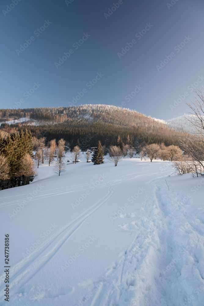 Butoranka with Luksinec and Lysa hora hills on the background in winter Moravskoslezske Beskydy mountains in Czech republic Butoranka with Luksinec and Lysa hora hills on the background in winter Moravskoslezske Beskydy mountains in Czech republic