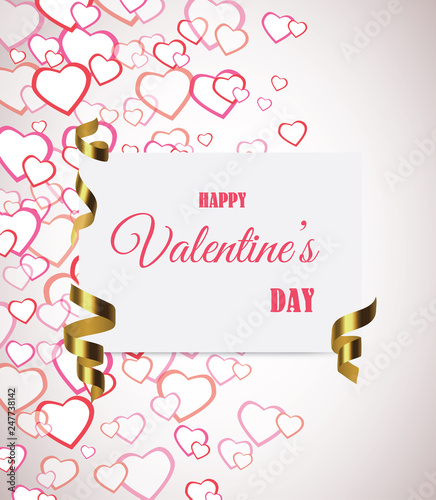 Happy Valentines Day celebration greeting card decorated with pink heart shape on grey background.