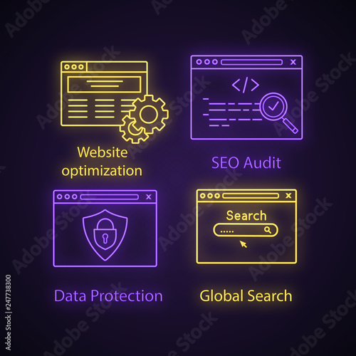 SEO neon light icons set