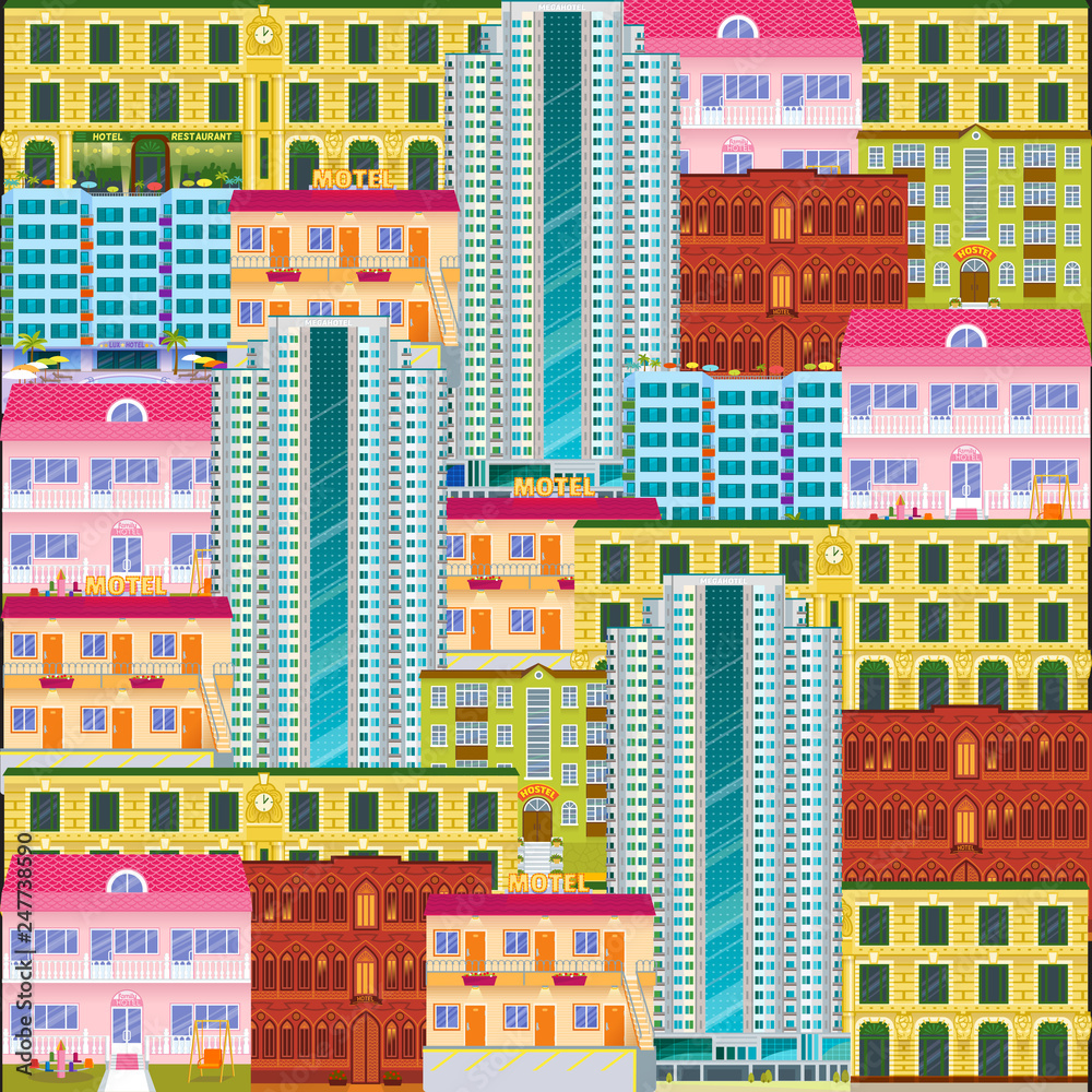 City scape seamless pattern. Cartoon hotels and motels background. Downtown landscape with high skyscrapers. Panorama architecture wallpaper. Hotel buildings vector illustration.