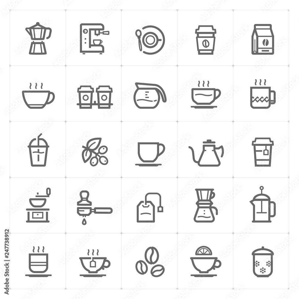 Icon set – coffee and tea outline stroke vector illustration on white background Icon set – coffee and tea outline stroke vector illustration on white background