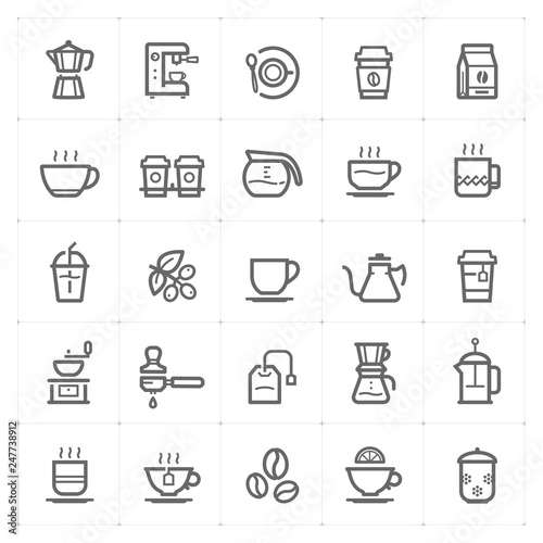 Icon set – coffee and tea outline stroke vector illustration on white background