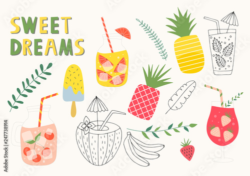 Set of summer lemonade and cocktails. Vector isolated illustration.