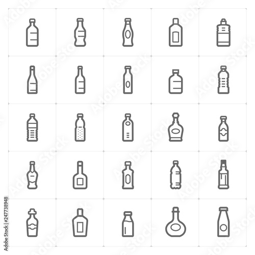 Icon set – bottle and beverage outline stroke vector illustration on white background