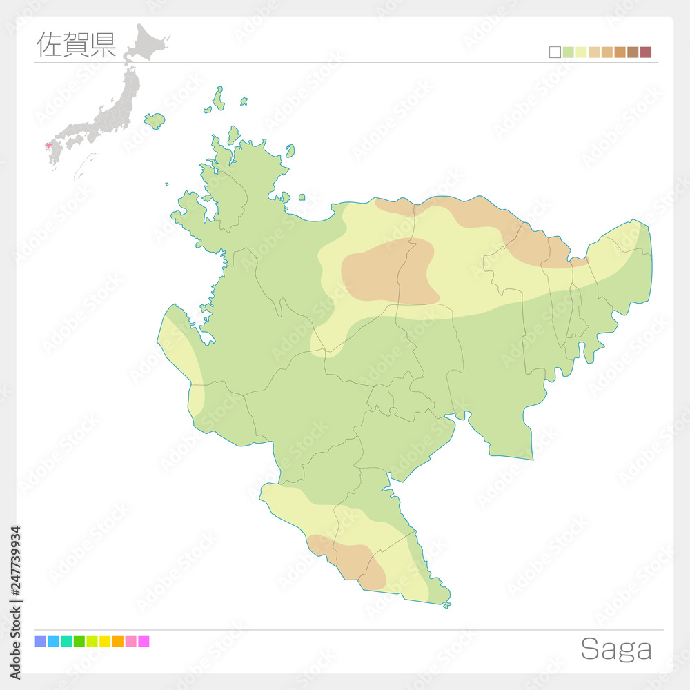 佐賀県の地図（等高線・色分け）