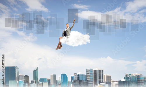 Elegant lady boss or accountant float on cloud and pointing with finger