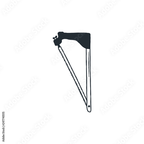 Linear fretsaw icon. Hand saw in retro silhouette style. Stock vector sawmill and timber equipment isolated on white background