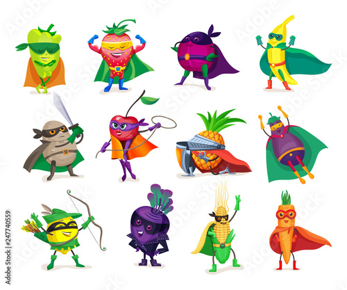 Funny cartoon characters vegetables and fruits in superhero costumes
