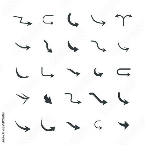 Isolated vector hand drawn arrows set on a white background. Curve arrow icons. vector