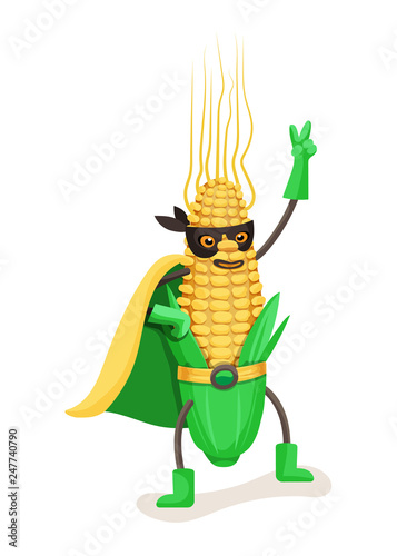 Cute food corn in cloak of superhero and mask.