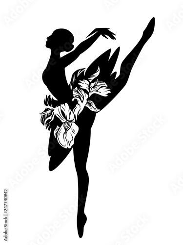 graceful ballerina girl with iris flowers tutu - standing ballet dancer black vector silhouette