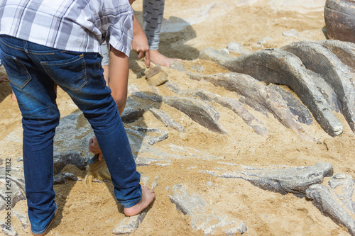 Children learning about, Excavating dinosaur fossils simulation in the park. 