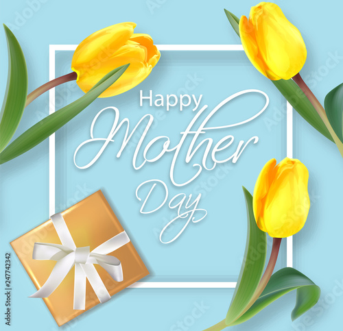 Mother day card with yellow tulips Vector realistic. Gifts and flowers on pin...